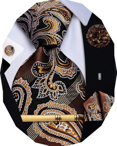 Image of YourTies Silk Paisley Floral Tie and Pocket Square Cufflinks with Lapel Pin Sets for Men 5PC Wedding Party
