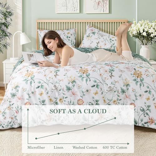 Shilucheng 100% Cotton Floral Duvet Cover King Size - 600 Thread Count, Breathable & Cooling Comforter Cover with Zipper Closure,Hotel Bedding Duvet Covers 3 Piece (White & Green)