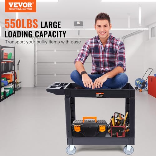 VEVOR-Utility-Service-Cart-2-Shelf-550LBS-Heavy-Duty-Plastic-Rolling-Utility-Cart-Medium-Lipped-Shelf-360-Swivel-Wheels-Ergonomic-Storage-Handle-for-Warehouse-Garage-Black-Heavy-Duty-Rolling-Cart-with