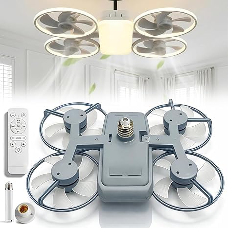 VIMAZ Drone-Style LED Ceiling Fan Light, 3 Color Modes & 3 Speeds, E27 Socket with Remote, Foldable Blades, Quiet Small Fan Light for Bedroom Kitchen (Grey)