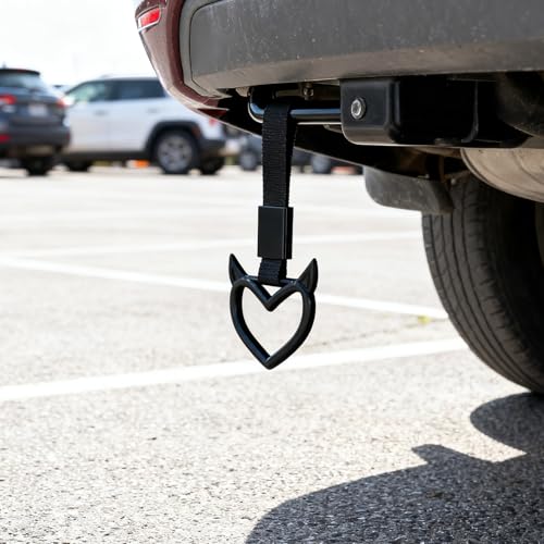 Image of 2 Pcs Devil Heart Shaped Car Handle Strap - Drift Charm Rear Bumper Warning Ring Decor for Car Interior Exterior, Subway Bus Handle Accessory, Cute Heart Car Decor Gift for Drivers (Black)