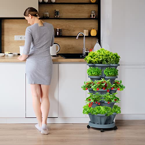 Tectsia Strawberry Vertical Planters Tower Garden, 5 Tiered Stacking Planter With Support Pole, Stackable Herb Vegetable Planters Indoor And Outdoor - Dark Grey #TOP3
