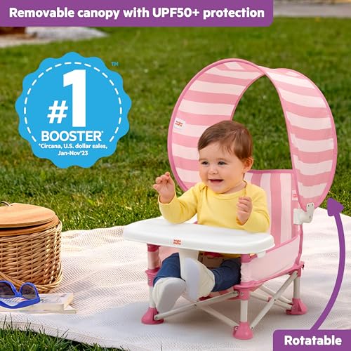 Image of Bright Starts Pop 'N Sit Cabana Baby Beach Portable Booster Chair with UPF Canopy, Floor Seat for Indoor /Outdoor Use, Compact Fold, Pink, 6 Months-3 Years
