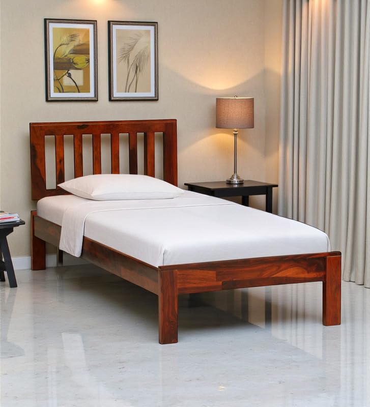 Image of Solid Sheesham Wood Wave Single Bed Without Storage, Wooden Single Bed Cot Palang for Bedroom, Guest Room, Home, Hotel and Hostel, Honey Oak Finish Durable Wooden Furniture