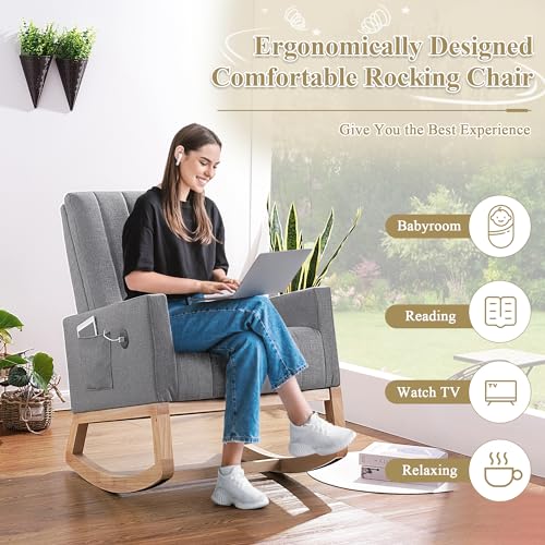 VECELO Rocking Chair Nursery, Modern Upholstered Glider Rocker with USB Port and Side Pocket, High Backrest Padded Seat Accent Armchair for Living Room, Nursery, Bedroom