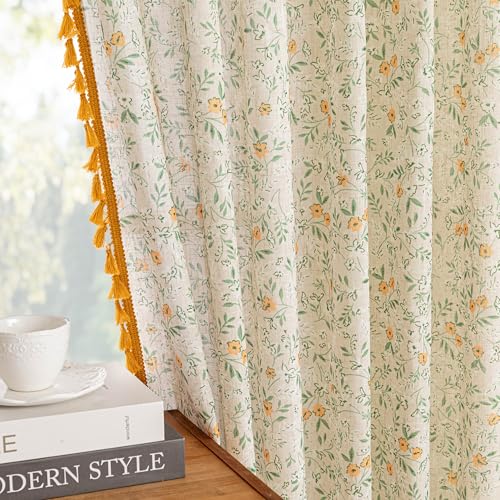 Image of MYSKY HOME Floral Boho Linen Curtains 84 Inch Long 2 Panels Set with Yellow Tassels Farmhouse Vintage Semi Sheer Bohemian Living Room Bedroom Window Curtains Rustic Country Back Tab, 50 inchW, Green Leaf