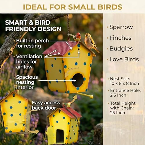 Image of Kraftskala Metal Bird House Nest for Outdoor Garden Hanging Decor | Weather Resistant Bird Nest Box with Hook Chain for Sparrow Budgies Finches Love Birds | Home Balcony Showpiece