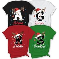 Custom Christmas Shirts with Initial Letter Name Text, Custom Christmas Tshirts for Family Adults Youth Kids Baby, Personalized Matching Holiday Shirt with Santa Reindeer Hat for Xmas