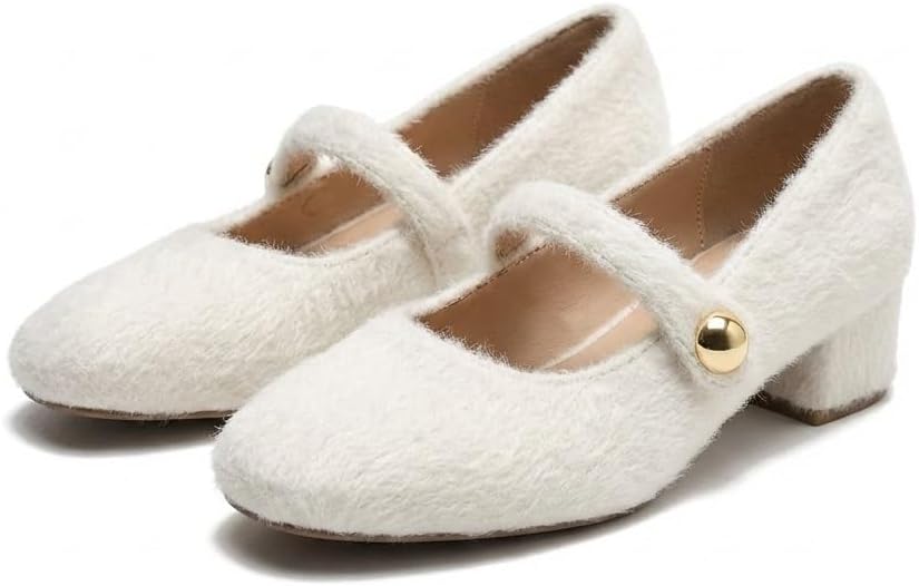 Women's Mid-Calf Suede Buckle Shoes - Low Heel Round Toe Flats with Faux Fur Lining and Hook & Loop Strap (Off-White, Black, Apricot), US Size