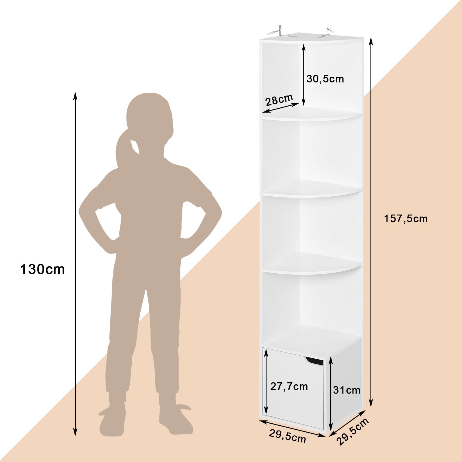 WOLTU Étagère d'angle à 5 Niveaux, Meuble d'angle, Blanc, 1 Placard avec Porte, en Bois d'Ingénierie, SK038ws