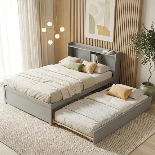 VECELO Full Size Platform Bed with Storage Headboard& Twin Trundle Bed Solid Wood Daybed with Pull Out Trundle Noise-Reducing Design No Box Spring Needed Light Gray