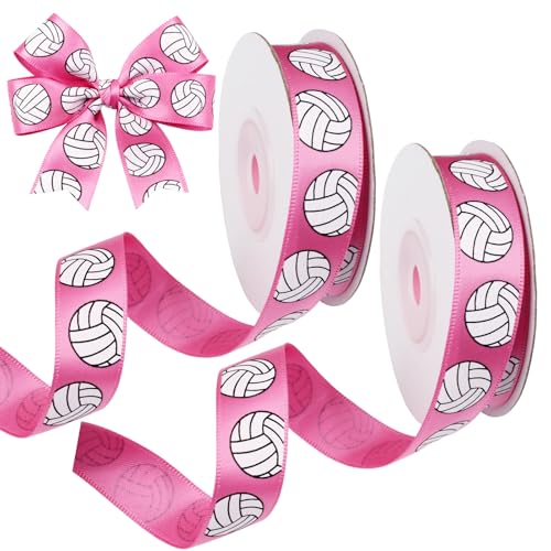 2 Rolls Volleyball Ribbon 1.9cm/0.74 Inch Wide 16 Yard Pink and White Pattern Sports Satin Ribbon for DIY Hair Ties Bows Crafting Wedding Gift Wrapping Team Decor Party (Pink)