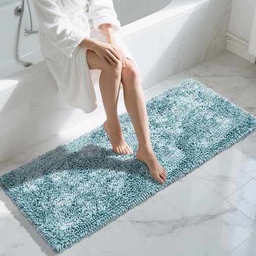 Image of Yimobra Long Bathroom Rugs Runner 60x24 Inch, Extra Thick Soft Absorbent Chenille Bath Mat, Non Slip Machine Washable, Quick Dry Bath Rugs for Bathroom Floor, Tub and Shower, Greyish Blue
