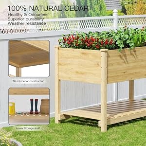 Kullavik 4 pcs Raised Garden Bed with LegsOutdoor Elevated Cedar Wood Planter Box with Storage Shelf for VegetablesFlowersHerbs in BalconyBackyardPatio