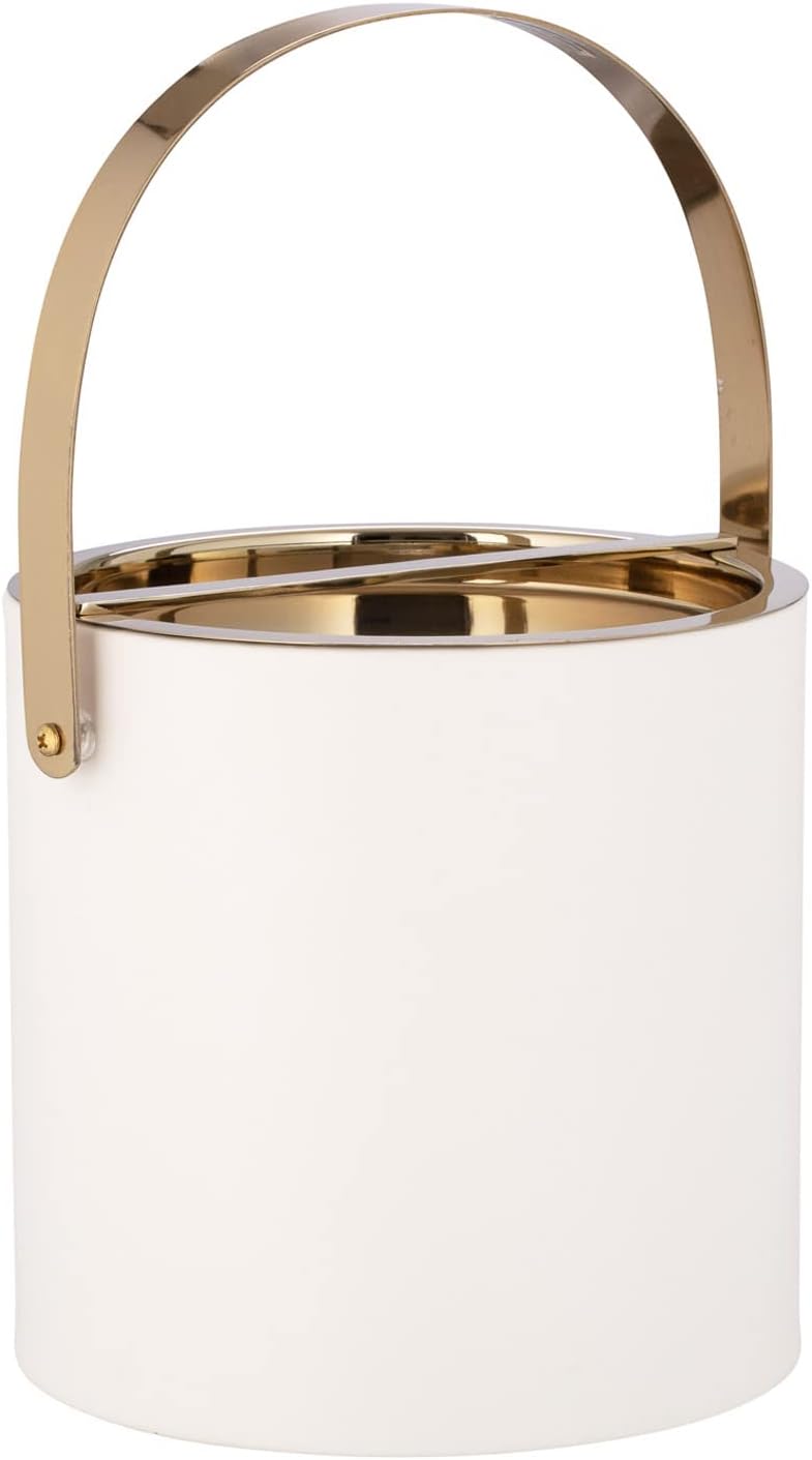 Kraftware 3qt Polished Gold Arch Handle & Bridge Cover: White Milan 3 Quart Ice Bucket White Polished Gold