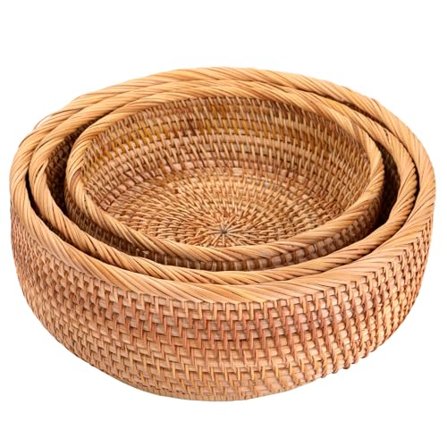 Jucoan 3 Pack Round Rattan Fruits Bread Baskets, Vintage Hand-woven Wicker Fr...