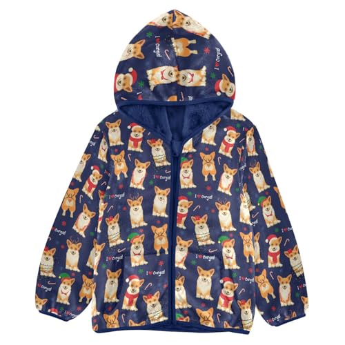 Boys' Fleece Hoody Jacket Zip Up Coat Warm Fall Winter Plush Jacket Christmas Corgis Long Sleeve Outerwear