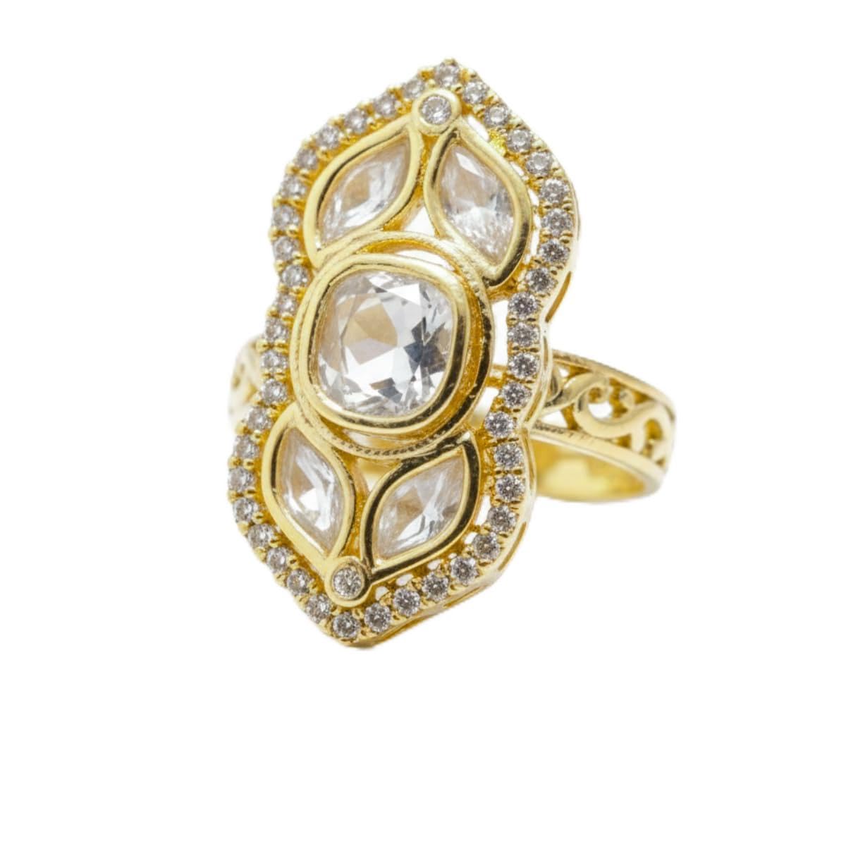 Gold-Plated Statement Ring for Women | White AD & Kundan Style Stones | Ethnic Jewellery | Leaf Shape Design-image-5