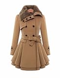 Women's Double Breasted Trench Coat Long Sleeve Faux Fur Lapel Flared Hem Belted Winter Warm Jacket Overcoat