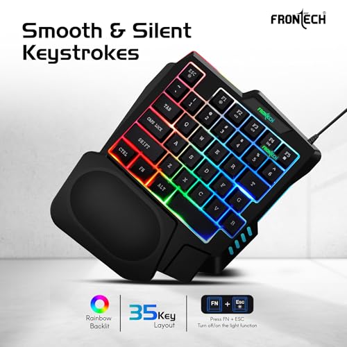 Image of Frontech 4-in-1 Gaming Combo | RGB 35-Key Keyboard + 3200 DPI Mouse + BT 5.4 Converter + Foldable Mobile Holder | Anti-Ghosting | Wired Setup for Android Gaming (KB-0008PC)