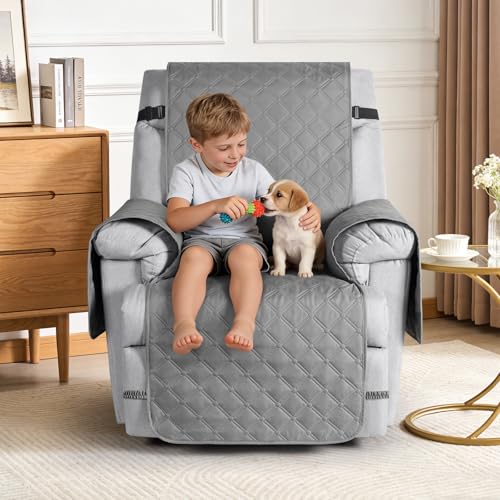 Image of TAOCOCO 100% Waterproof Recliner Covers, Recliner Sofa Covers with Leg Straps, Reversible Recliner Couch Cover for Reclining Chair, Washable Couch Protector for Pets Kids(1 Seater 22 inch, Light Gray)