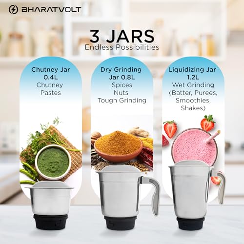 Image of Mixer Grinder | 500W Turbo Motor | 3 Stainless Steel Jars | Overload Protection, Leak Proof Lids, 3 Speed & Pulse Function | Powerful Mixer for Home Kitchen | Blue White