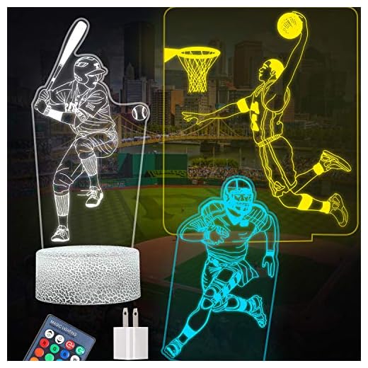 FEOAMO 3D Night Light for Boys, 16-Colors and 3-Pattern with Remote Control, 3D Illusion Toy Lamp Nightlight, Gift for Boys Aged 4 5 6 7 8,Baseball, Football, Basketball