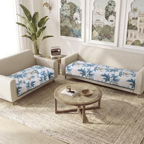 Image of HOKIPO 'Homehues Series' Printed Quilted Sofa Cover Mat for 5 Seater - (3+2), Celadon Blue Camellia (IN-807 + IN-809 - D8)