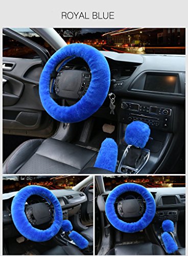 3Pcs Set Womens Winter Fashion Wool Fur Soft Furry Steering Wheel Covers Blue Fluffy Handbrake Cover Gear Shift Cover Fuzz Warm Non-Slip Car Decoration Short Hair #TOP1