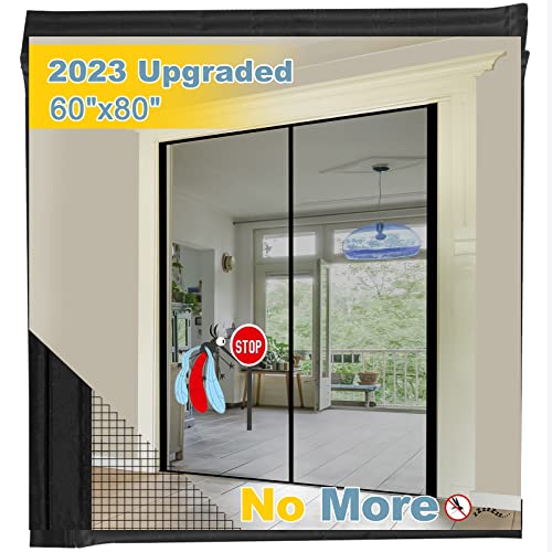 Mkicesky [Upgrade Version] Fiberglass Screen Curtain, Double Patio Mesh Cover for French/Sliding Full Frame Hook&Loop Fit Door Up to 58"x 79" Max-Newest 9.84" Magnet, Black