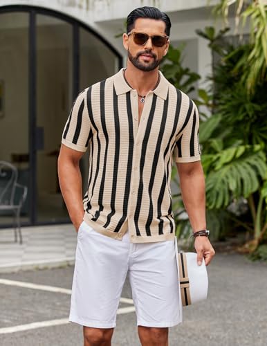 Image of COOFANDY Men's Knit Shirts Short Sleeve Button Down Polo Shirt Striped Casual Summer Beach Shirts