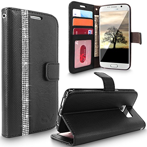 S7 Case, Galaxy S7 Case, Cellularvilla [Diamond Jewel] Embossed Flower Design Premium Pu Leather Wallet Case [Card Slots] [Stand Feature] Folio Flip Cover for Samsung Galaxy S7 (Black Bling)