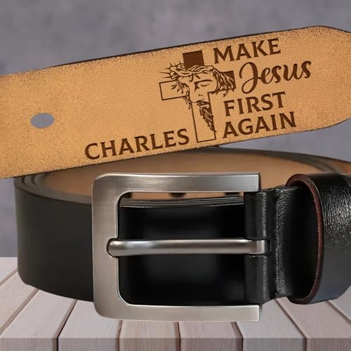 Make Jesus First Again - Personalized Engraved Leather Belt, Engraved Custom Leather Belt with Name, Unique Valentine Gift for Husband Him, Personalized Prayer Belt For Men, Positive Affirmations Belt, Christian Gift Religious Gifts, God Says I Am3