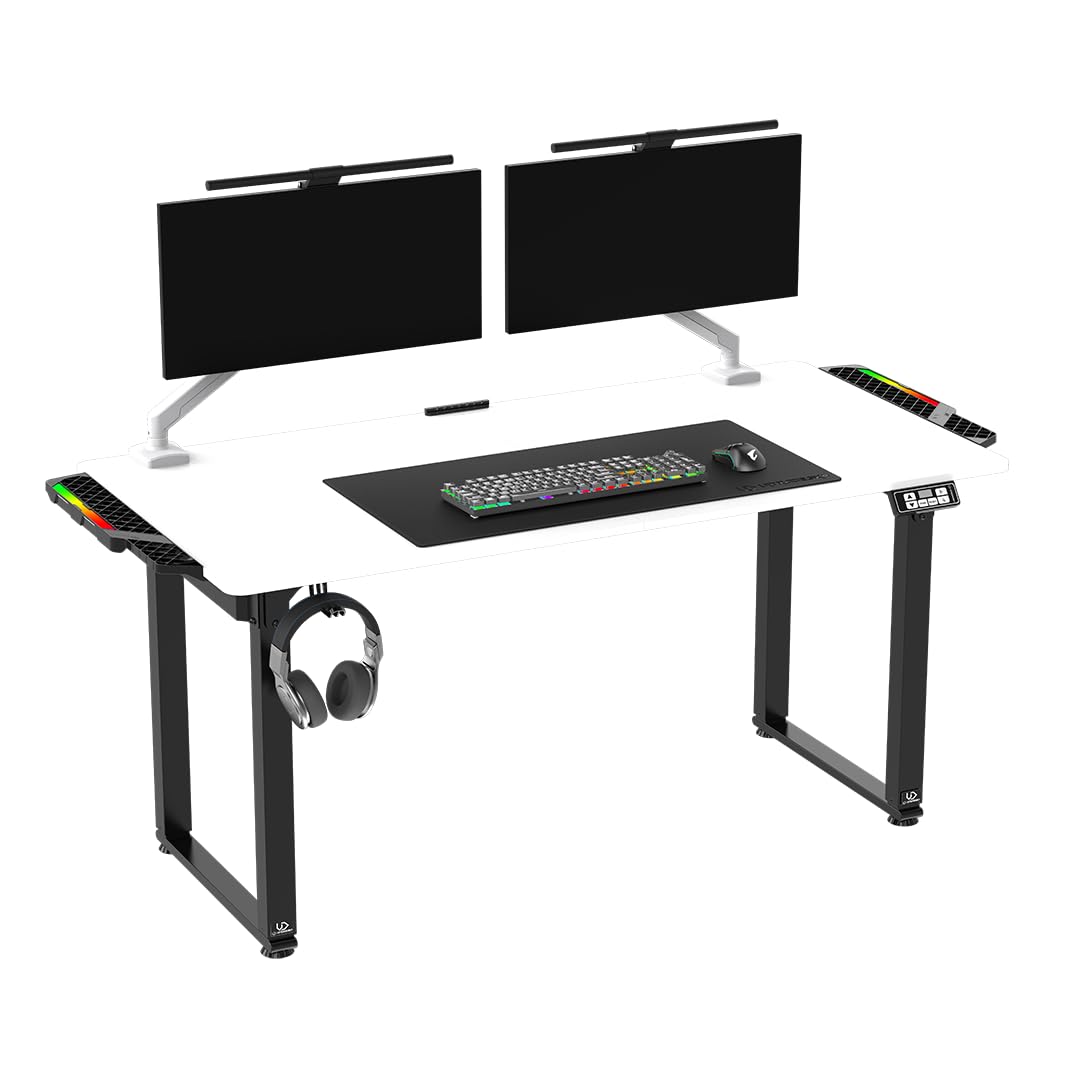 ULTRADESK Uplift V2 Computertisch Gaming Tisch Schreibtisch, Stahlkonstruktion, Platz für DREI Monitore, Elektrische Höheneinstellung, mit RGB-LED, Inklusive Zubehör, 176 x 75 cm, Weiß