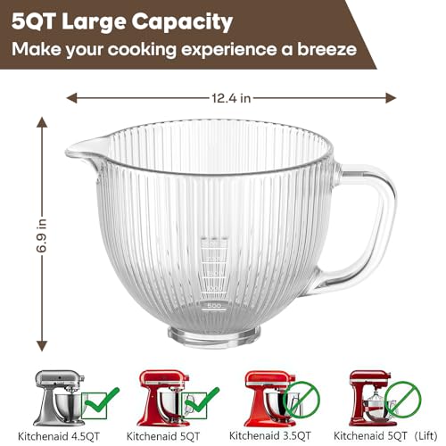 Image of GVODE Glass Kitchen Aid Mixing Bowl, 4.5-5 Quart Tilt-Head for Kitchen Aid Glass Mixer Bowl, Pour Spout & Measurement Markings, Dishwasher Safe