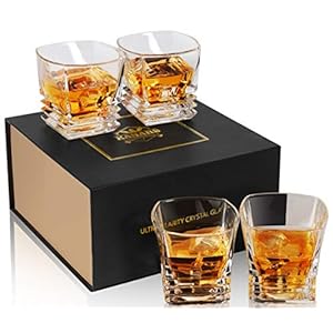 KANARS Whiskey Glass 9 Oz, Set of 4 Crystal Rock Glasses for Scotch Bourbon Liquor Snifter Brandy Rum, Square Whisky Tumblers for Men Dad