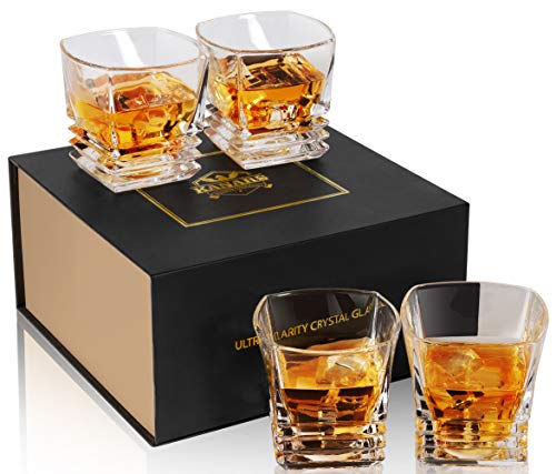 KANARS Whiskey Glass 9 Oz, Set of 4 Crystal Rock Glasses for Scotch Bourbon Liquor Snifter Brandy Rum, Square Whisky Tumblers for Men Dad, Gift for Retirement Wedding Housewarming