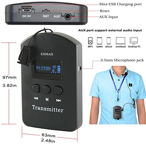 Sistema inalámbrico de micrófono EXMAX EXD-101 de 2,4 GHz para visitas a fábricas, capacitación de empleados, formación educativa, entretenimiento o artes escénicas: 2 transmisores, 40 receptores y estuche de almacenamiento negro miniatura 4