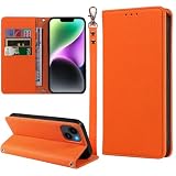 MINIKA いPhone14 ケース 手帳型 ストラップ付き 高級PUレザー iPhone14 用 ケース 手帳型 あいふぉん14 携帯カバー 耐衝撃 おしゃれ スマホケース カード収納 横置きスタンド機能 内蔵マグネット 開閉式 両面 360度 全面保護 上質な手触り 擦り傷防止 汗や指紋防止 耐汚れ（オレンジ）