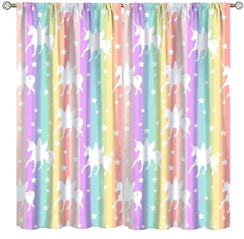 SENRUEGT Rainbow Unicorn Curtains,Baby Girls Bedroom Decor,Colorful Rainbow Background Cartoon Unicorn Nursery Child Bedroom Window Drapes 72x63in