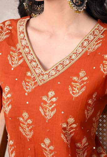 Image of MEERA FAB Women Floral Printed Sequined Cotton Straight Kurta with Palazzos & Dupatta | Sanganeri Print