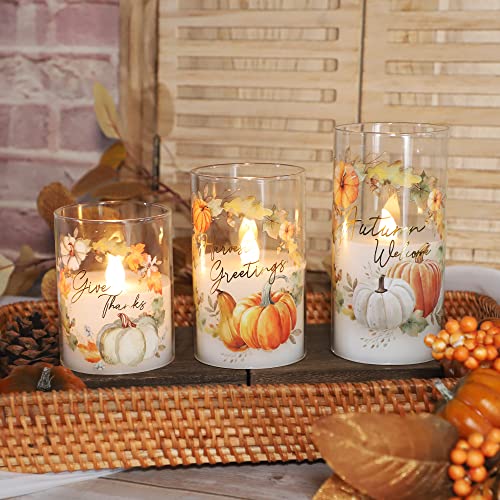 Image of Pumpkin Fall Leaves Flameless Candles with Remote, Real Wax Battery Operated Flickering Candles, Set of 3, Thanksgiving Autumn Decor