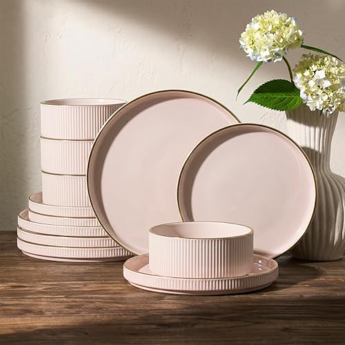 Image of Famiware Plates and Bowls Set with Rim, Stoneware Dinnerware Sets for 4 | 12-Piece Ceramic Dishes, Lipped Edges, Chip & Scratch Resistant, Microwave & Dishwasher Safe, Everyday Formal Use, Light Pink
