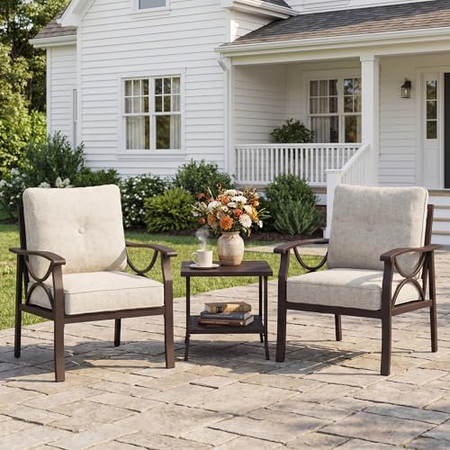 Image of FansaFurn Outdoor Patio Furniture Set, 3 Pieces Metal Patio Conversation Set with Side Table for Porch Backyard Garden, Khaki