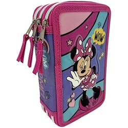Maletin Escolar Minnie Estuche Minnie Disney con 3 compartimentos y 3 cremalleras Estuche escolar para bolígrafos y colores Completo con material de papelería y triple compartimento Minnie
