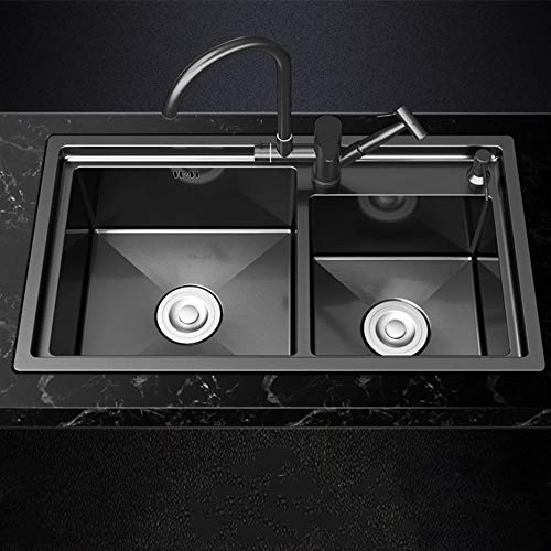 QPWZ Küchenspüle Edelstahlspüle Doppelspüle Küchenspüle Verdickung Reversible Küchenspüle Korb Abfallset Edelstahlspüle (Color : Black, Size : 82x45cm) Cover