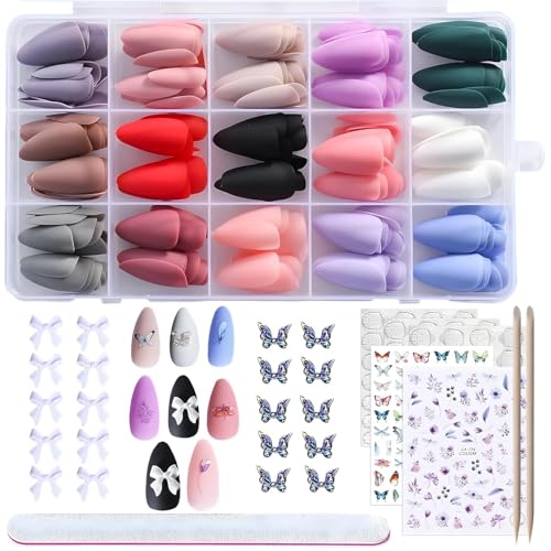 360Pcs Almond Press on Nails Medium Length Matte False Nails with Glue Full Cover Fake Nails 15 Colors Solid Stick on Nails for Women Glue on Nails with Nail Tabs Stickers Fils for Nail Art DIY
