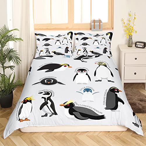 Erosebridal Penguin Comforter Cover Full Size,Black White Penguins Bedding Set Cute Animal Duvet Cover for Kids Boys Girls Teens,Wildlife Grey Bedspread Cover with 2 Pillow Cases Bedroom Decor
