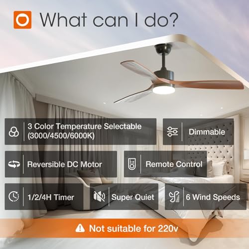Image of addlon 52 Inch Solid Wood Ceiling Fans with Lights and Remote Control | 3CCT dimmable light, quiet reversible DC motor, 6 speeds, memory, timer; bedrooms, living rooms, covered patios and gazebos