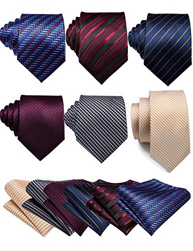 Barry.Wang Pack of 6 Stripe Tie Pocket Square Set for Men with Cufflink